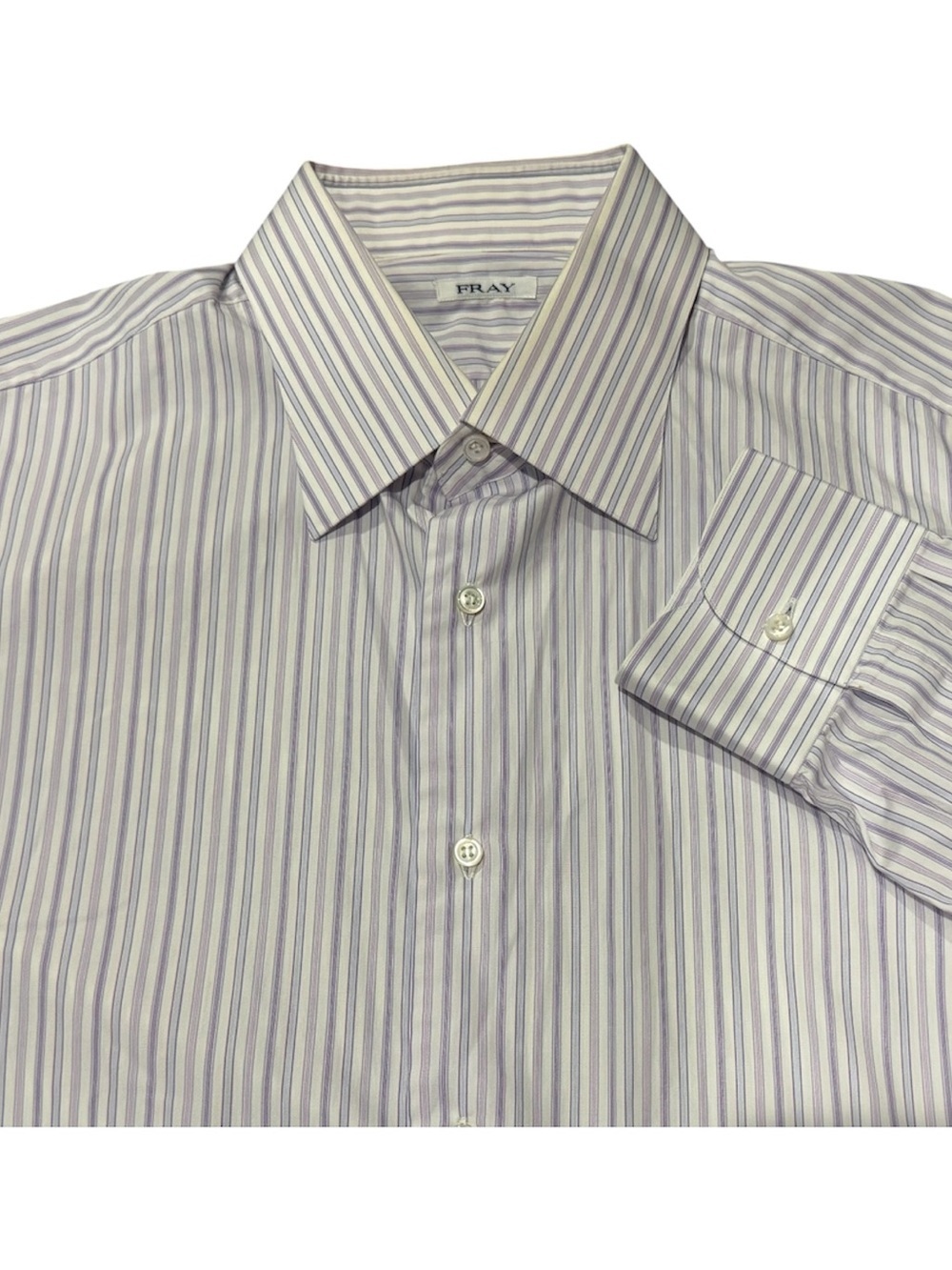 Fray Mens Italian Dress Shirt Size 44 17.5 in Purple Blue Stripe 100% Cotton